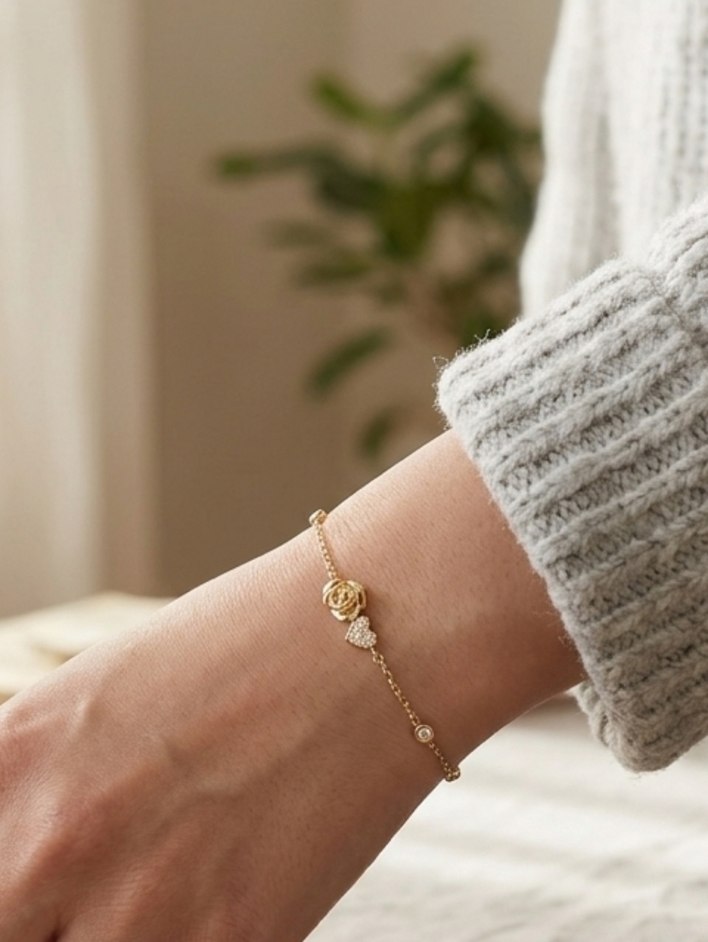 Dainty Gold Rose & Crystal Heart Bracelet Minimalist Floral Link Chain